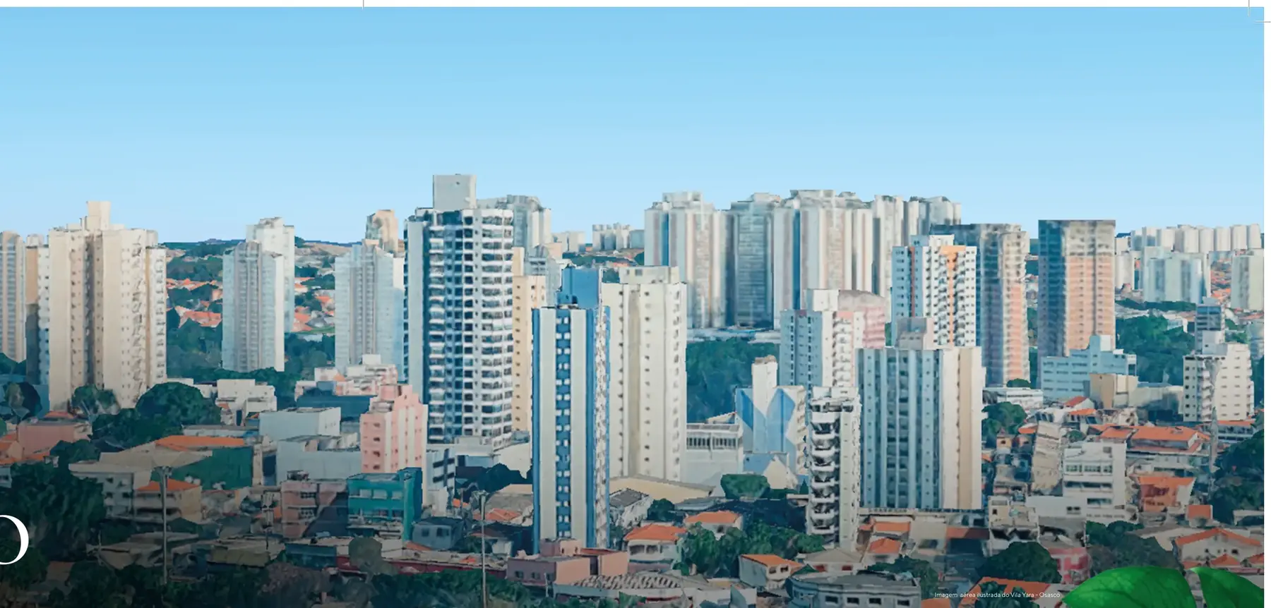 Vista aérea ilustrada da Vila Yara, em Osasco, com prédios e áreas verdes