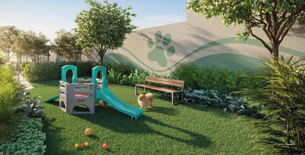 Espaço pet com área de banho e descanso