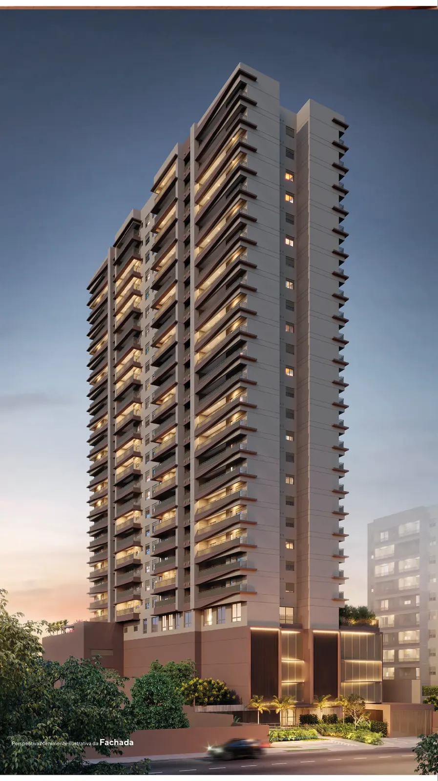 Fachada do Origem Vila Yara ao entardecer: torre com plano inclinado em forma de asa e terraços iluminados