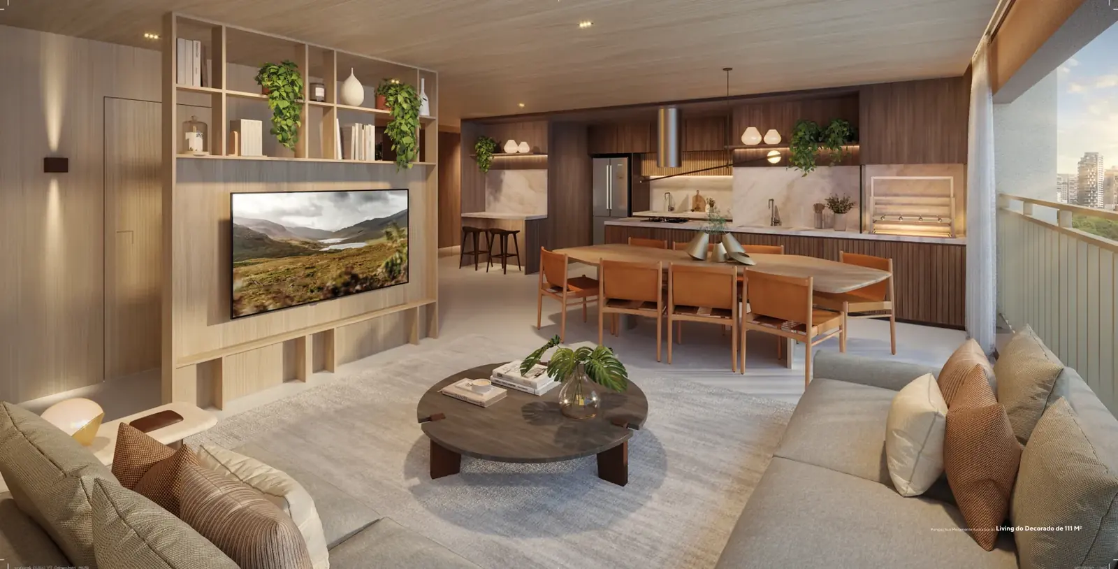 Living do apartamento decorado de 111 m², com cozinha integrada, mesa de jantar e terraço