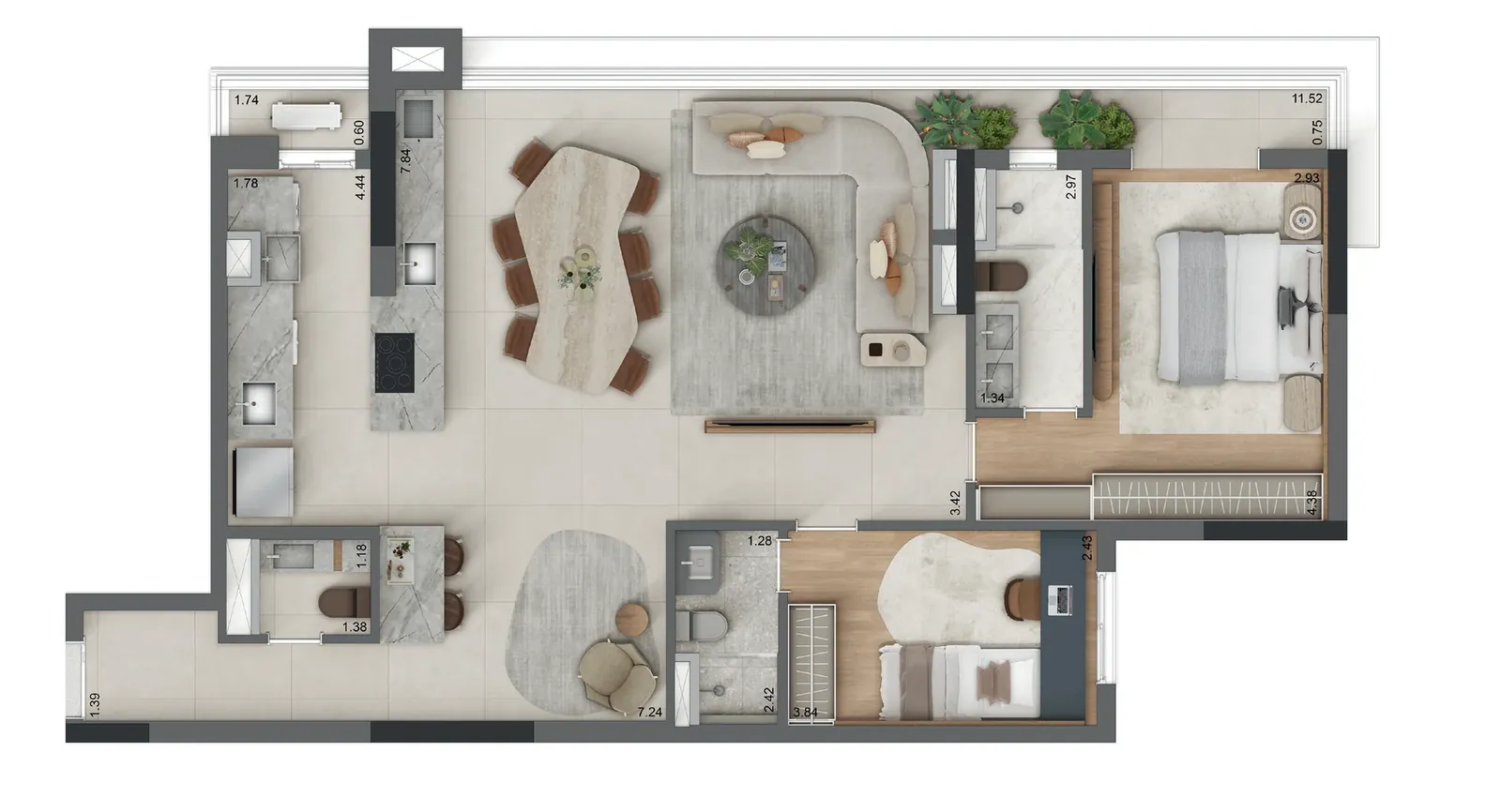 Planta do apartamento de 111 m² decorado do Origem Vila Yara: 2 suítes, living ampliado e lavabo