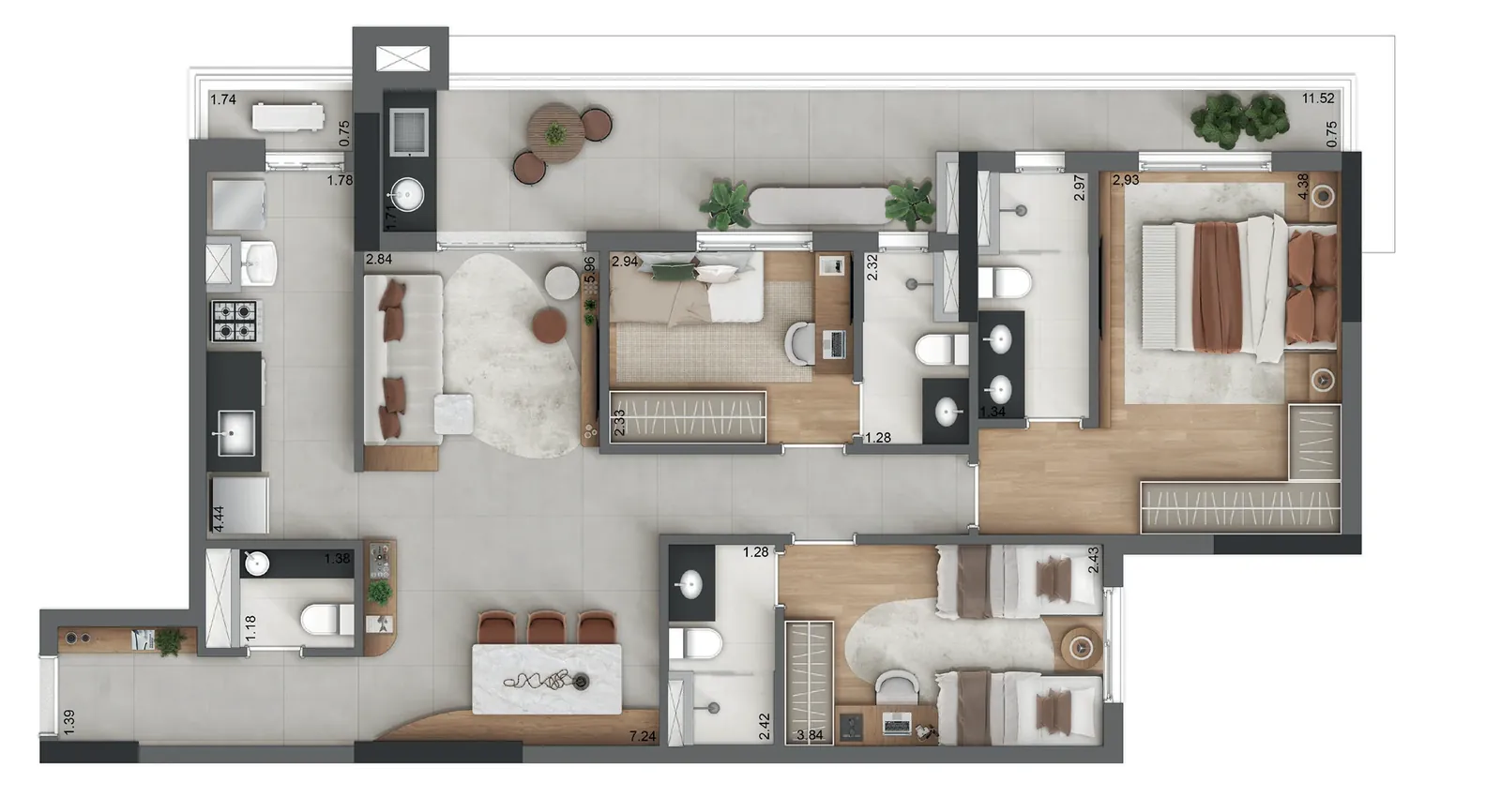Planta do apartamento de 111 m² do Origem Vila Yara: 3 suítes e lavabo