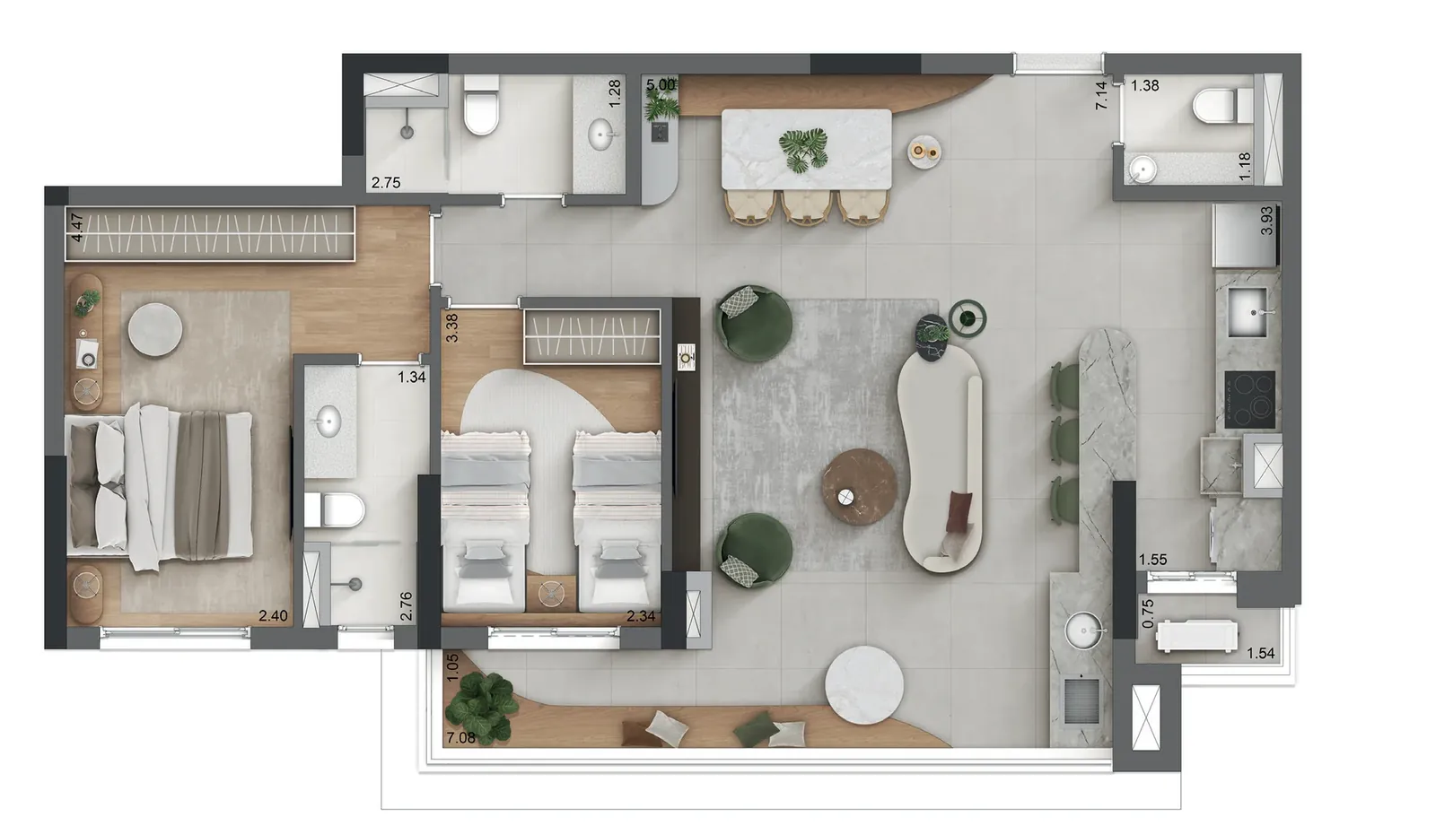 Planta opção do apartamento de 88 m² do Origem Vila Yara: 1 suíte, 1 dormitório, living ampliado, lavabo e terraço integrado