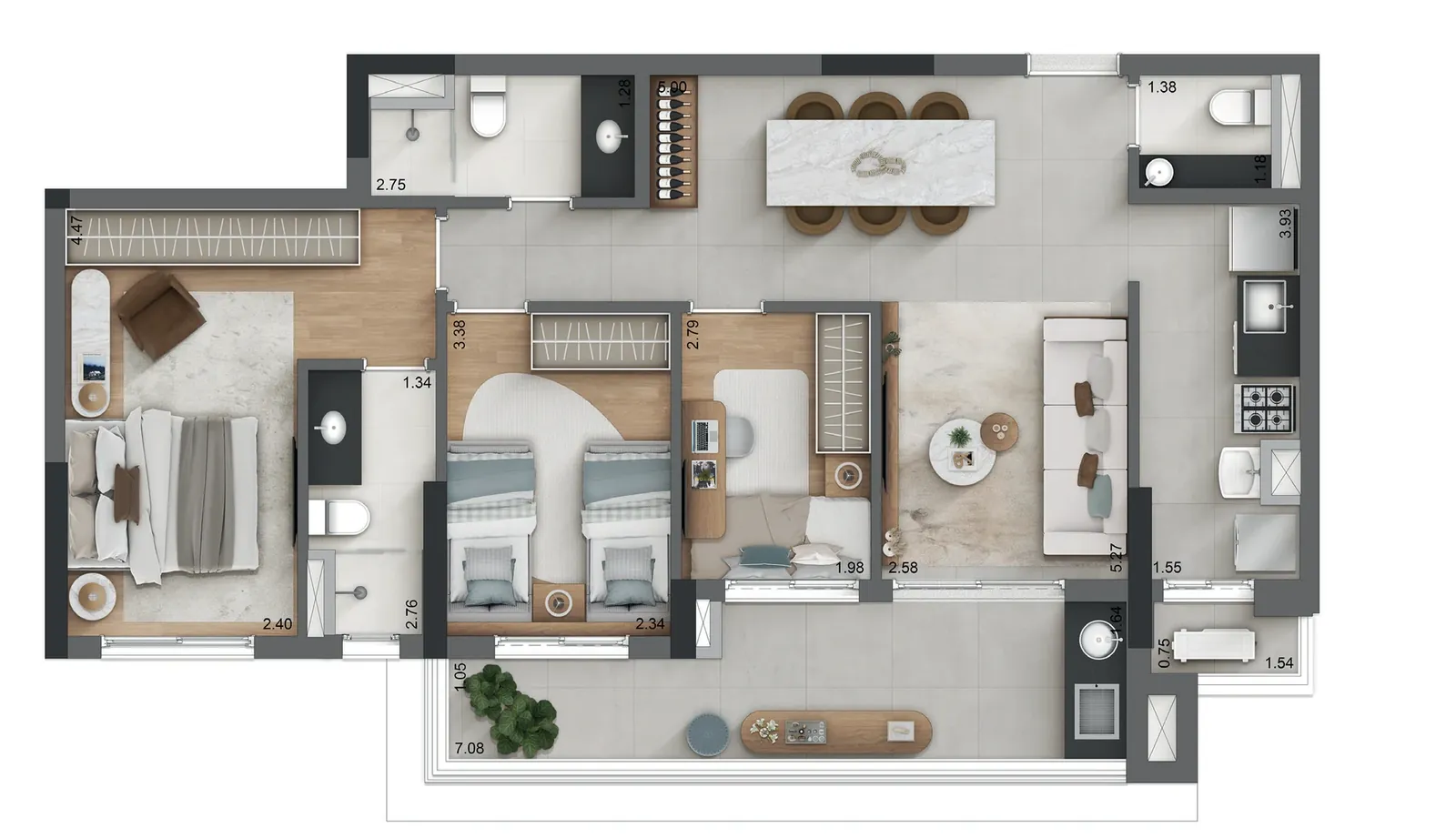 Planta do apartamento de 88 m² do Origem Vila Yara: 1 suíte, 2 dormitórios e lavabo
