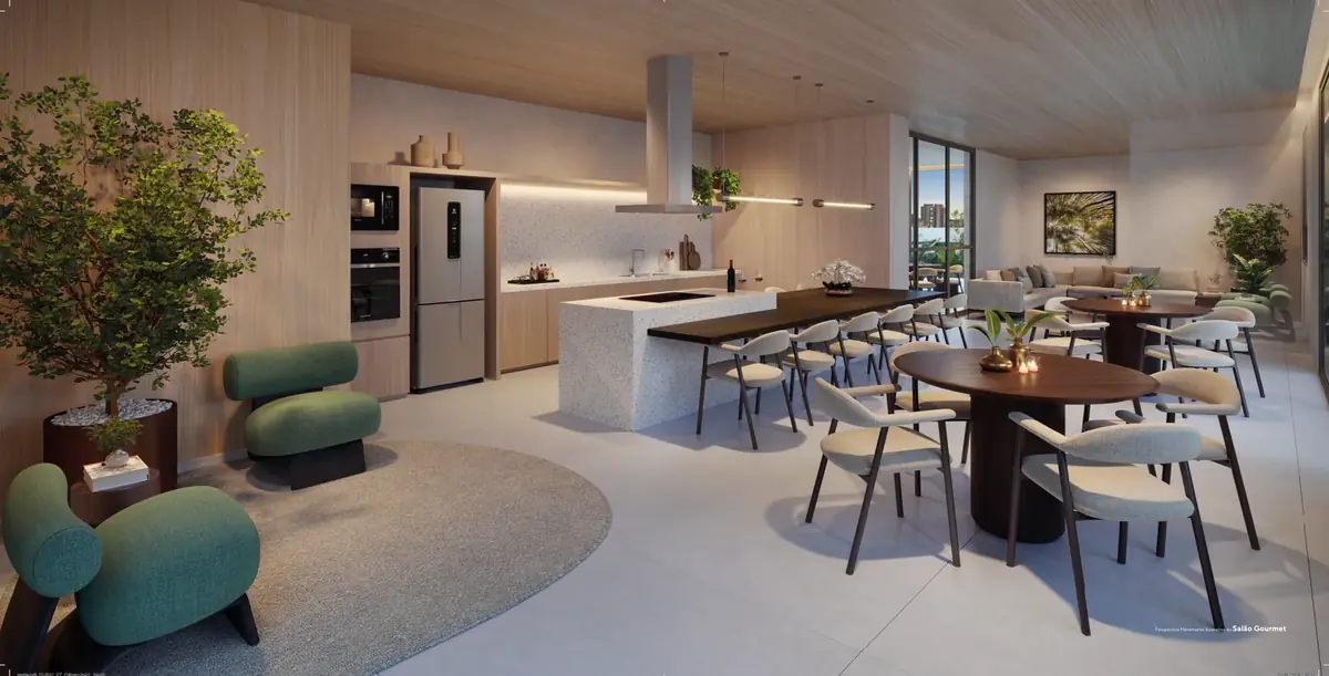 Salão gourmet com mesa longa e cozinha integrada